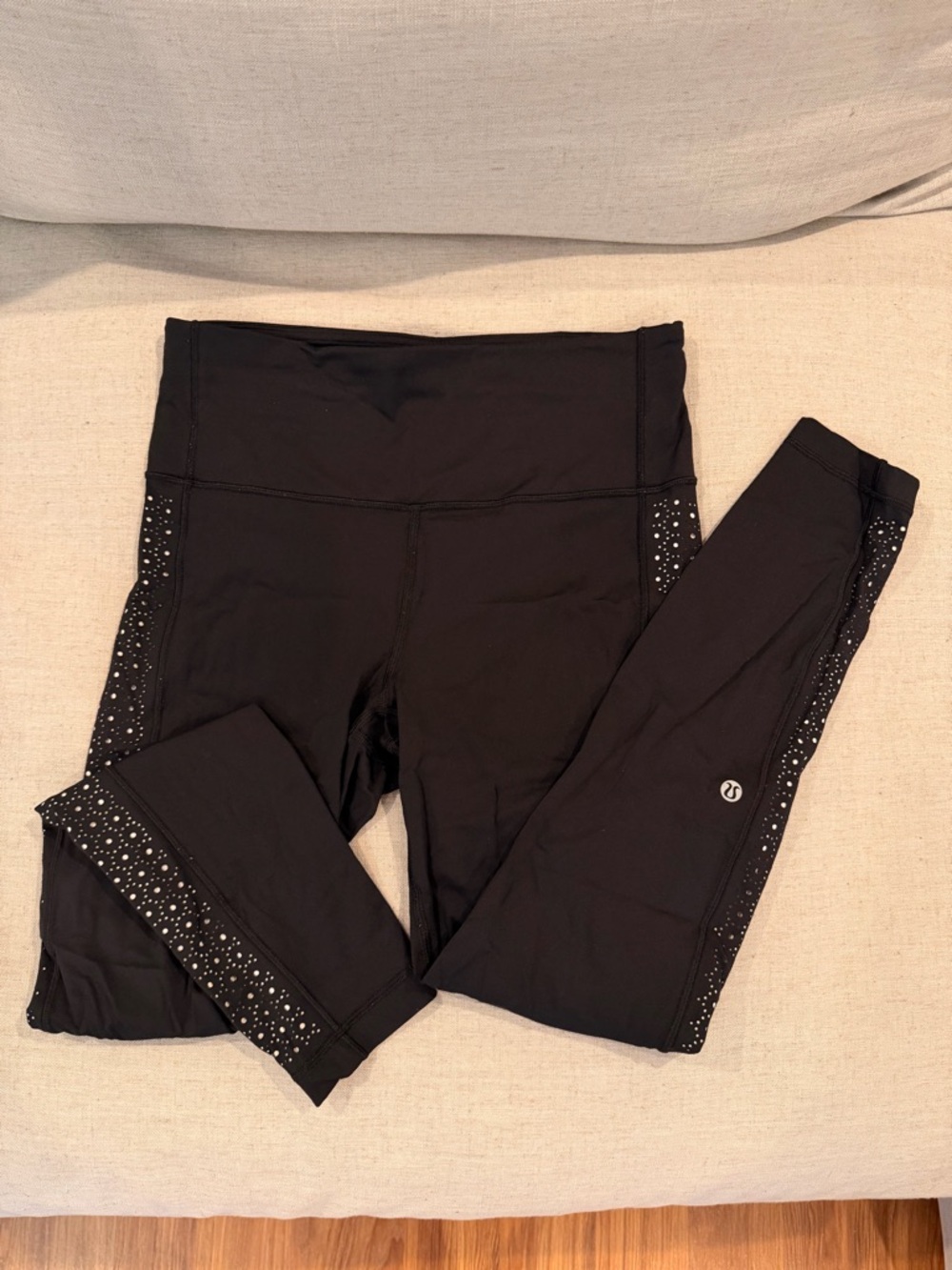 Black Lululemon High-Rise Leggings with Floral Side Panel Detail